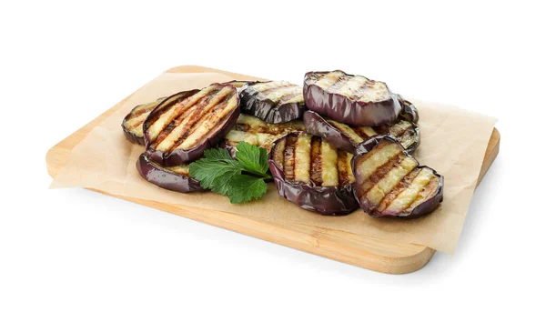 Serving board with delicious grilled eggplant slices with parsley isolated on white