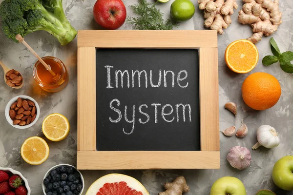 Kreidetafel Mit Phrase Immune System Und Frischen Produkten Auf Grauem — Stockfoto