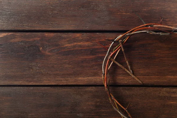 Crown Thorns Nails Wooden Table Flat Lay Space Text Easter — Stock Photo, Image