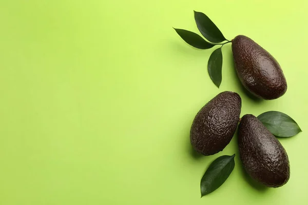 Avocado Maturo Foglie Sfondo Verde Posa Piatta Spazio Testo — Foto Stock