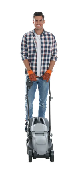 Homem Com Cortador Grama Moderno Fundo Branco — Fotografia de Stock