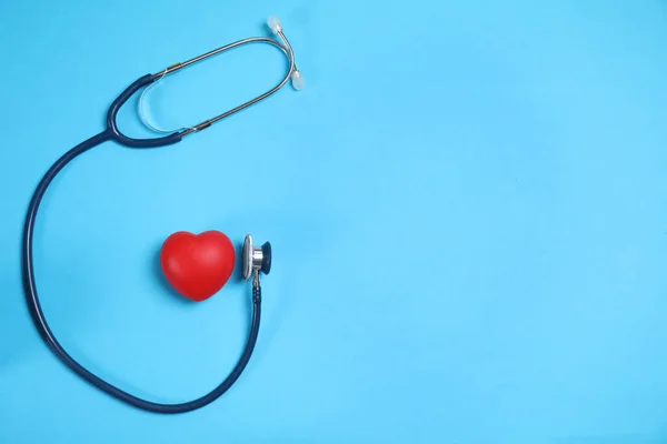 Stethoscope Red Heart Light Blue Background Flat Lay Space Text — Stock Photo, Image