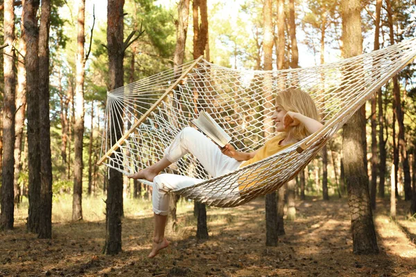 Happy Young Woman Book Relaxing Hammock Outdoors Summer Day — Stock Photo, Image