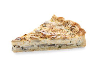 Mantarlı lezzetli turta ve beyaz üzerine izole edilmiş peynir.