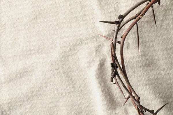 Crown Thorns White Fabric Top View Space Text Easter Attribute — Stock Photo, Image