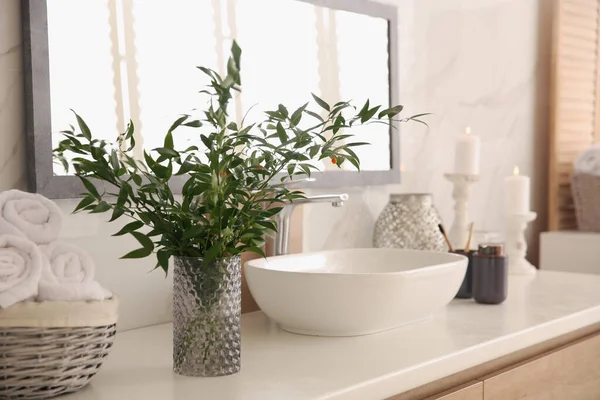 Vase Beautiful Branches Fresh Towels Vessel Sink Bathroom Interior Design — Stock Photo, Image