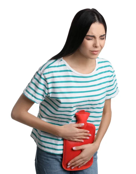 Mulher Usando Garrafa Água Quente Para Aliviar Dor Menstrual Fundo — Fotografia de Stock