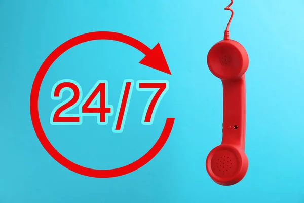 Hotline Service Roter Hörer Auf Blauem Hintergrund — Stockfoto
