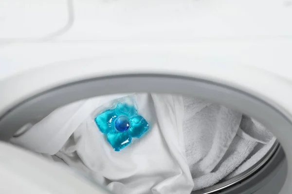 Laundry Detergent Capsule Washing Machine Drum Closeup View — Stock Photo, Image