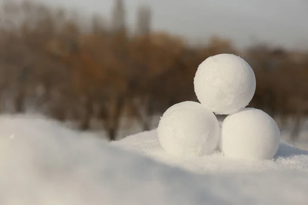 户外雪地上完美的圆形雪球 案文的篇幅 — 图库照片