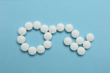 Male sign with bent arrow of white pills symbolizing potency problems on light blue background, flat lay clipart