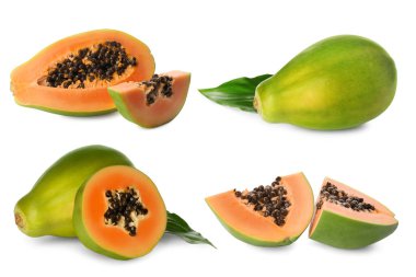 Set with fresh ripe papaya fruits on white background clipart