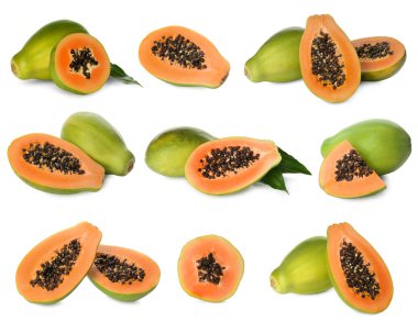 Beyaz arka planda taze olgun papaya meyveleriyle kurulmuş.
