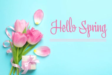 Merhaba Spring. Açık mavi zemin üzerinde güzel laleler bulunan düz bir kompozisyon.