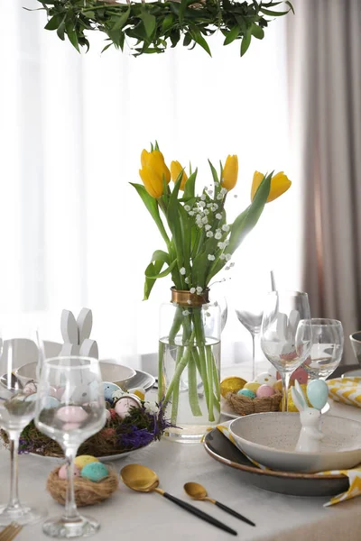 Beautiful Easter Table Setting Festive Decor Indoors — Stock Photo, Image