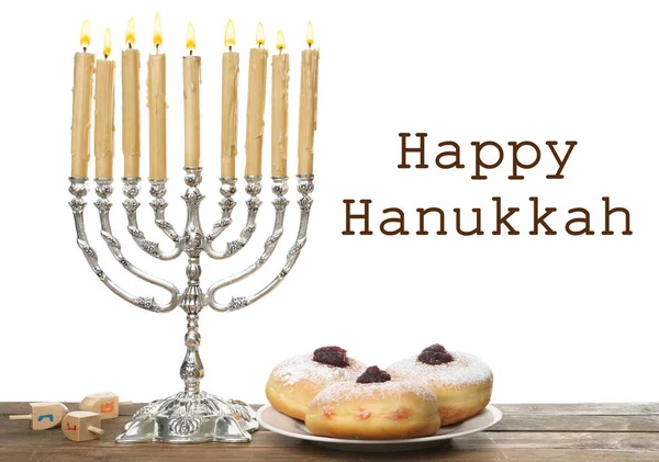 Felice Hanukkah Menorah Argento Sufganiyot Dreidel Tavola Legno — Foto Stock