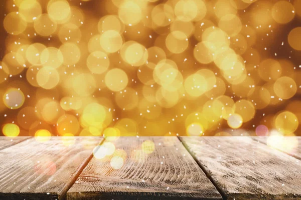 Boş Ahşap Yüzey Arka Planda Bulanık Noel Işıkları Bokeh Etkisi — Stok fotoğraf