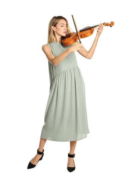 Hermosa Mujer Tocando Violín Sobre Fondo Blanco — Foto de Stock