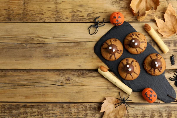 Delicious Cookies Decorated Monsters Wooden Table Flat Lay Space Text — Stock Photo, Image