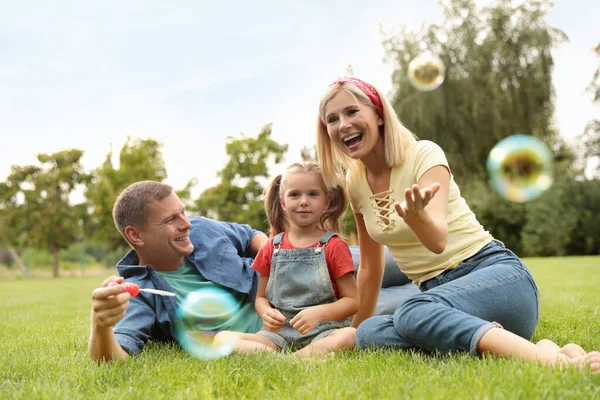 Happy family blowing soap bubbles in park on green grass