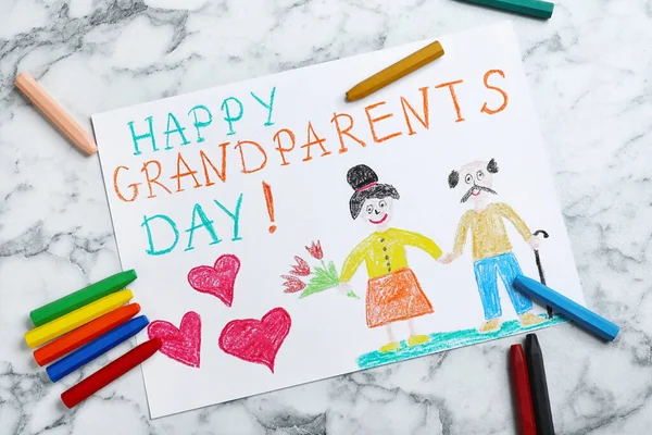 Beautiful Drawing White Marble Table Flat Lay Happy Grandparents Day — Stock Photo, Image