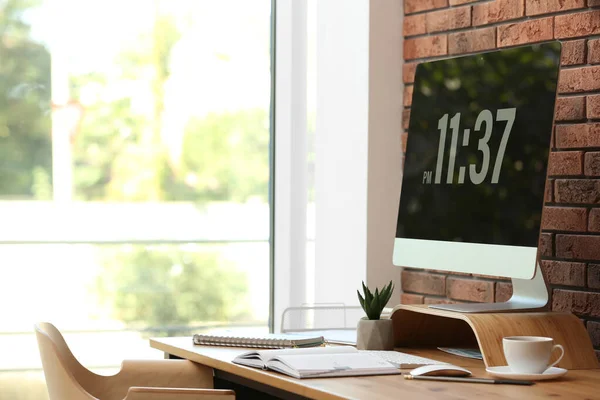 Modern Computer Supplies Table Office Space Text — Stock Photo, Image