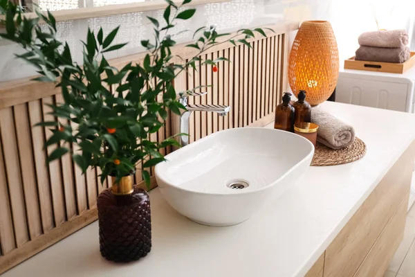 Vase Beautiful Branches Candles Vessel Sink Bathroom Interior Design — Stock Photo, Image