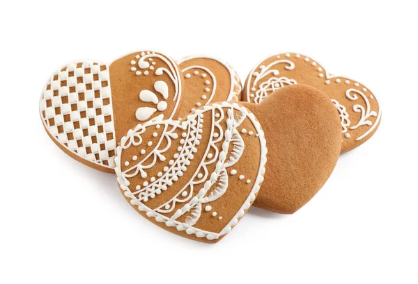 Biscoitos Gengibre Saborosos Forma Coração Isolados Branco — Fotografia de Stock