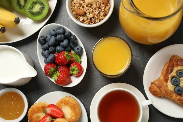 Buffet Service Tasty Breakfast Served Grey Table Flat Lay — Stock Photo, Image