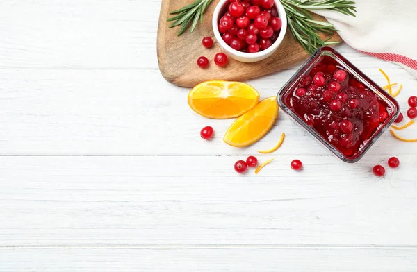 Flat Lay Composition Cranberry Sauce Orange White Wooden Table Space — Stock Photo, Image