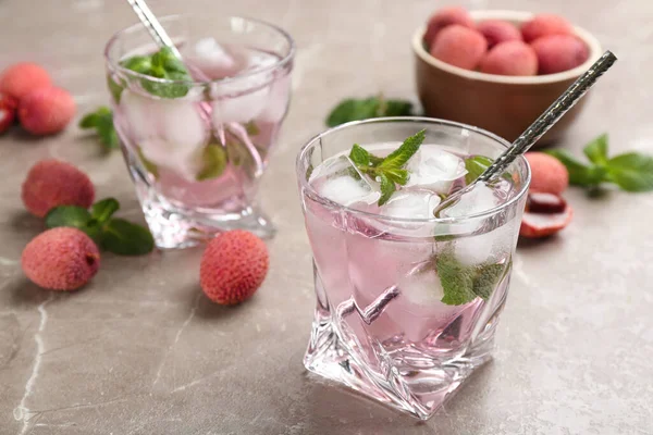 Lychee Cocktail Mint Ice Grey Table Space Text — Stock Photo, Image