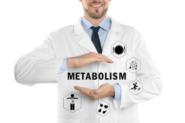 Metabolizma konsepti. Beyaz arka planda steteskobu olan doktor, yakın plan.