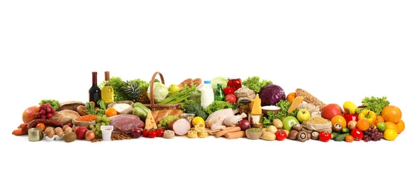 Różne Produkty Białym Tle Zdrowa Żywność Zrównoważona Dieta — Zdjęcie stockowe