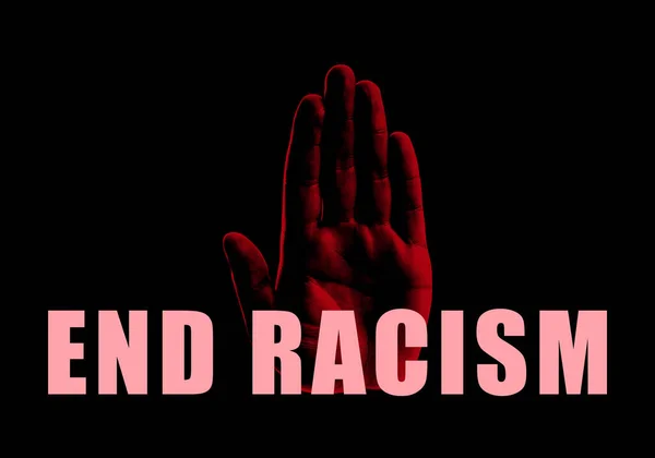 Racisme Beëindigen Handafdruk Zwarte Achtergrond — Stockfoto