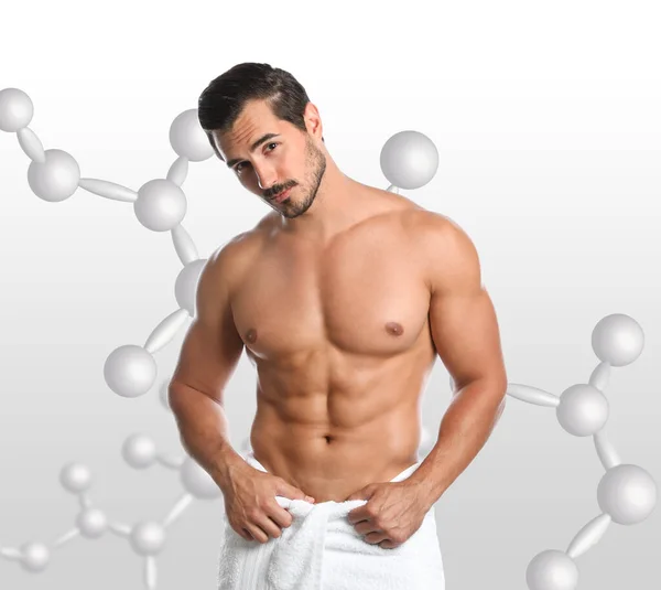 Conceito Metabolismo Homem Com Corpo Magro Cadeias Moleculares Fundo Claro — Fotografia de Stock