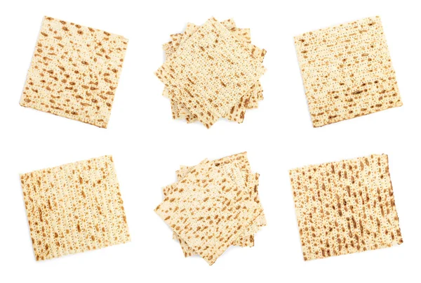 Set Med Påske Matzos Hvid Baggrund Topvisning Pesach Fejring - Stock-foto