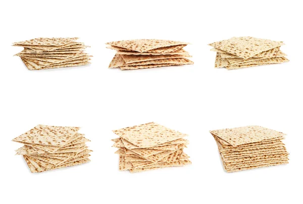 Set Med Påskmatzos Vit Bakgrund Pesach Firande — Stockfoto