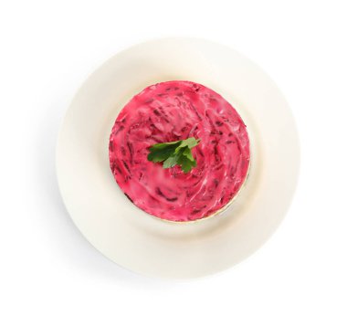 Kürk mantonun altında ringa balığı, beyaz, üst manzara. Geleneksel Rus salatası