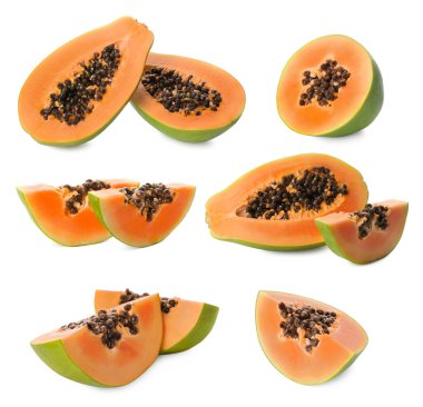 Beyaz arka planda taze olgun papaya meyveleriyle kurulmuş.
