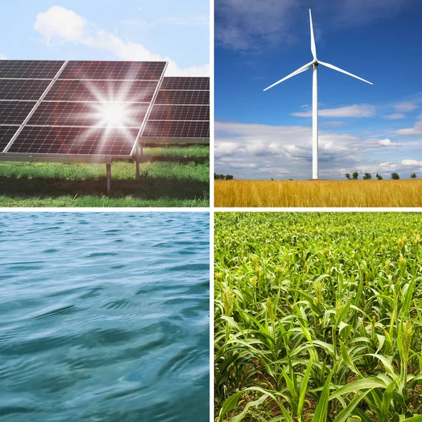 Collage Photos Water Field Solar Panels Wind Turbine Alternative Energy — Stock Photo, Image