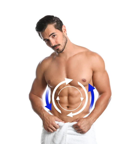 Conceito Metabolismo Bonito Homem Com Corpo Perfeito Fundo Branco — Fotografia de Stock