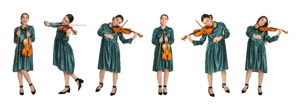 Collage Avec Des Photos Belle Femme Jouant Violon Sur Fond — Photo