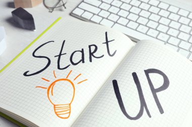 Deyimi olan bir defter Beyaz tablo üzerinde Başlat, kapat