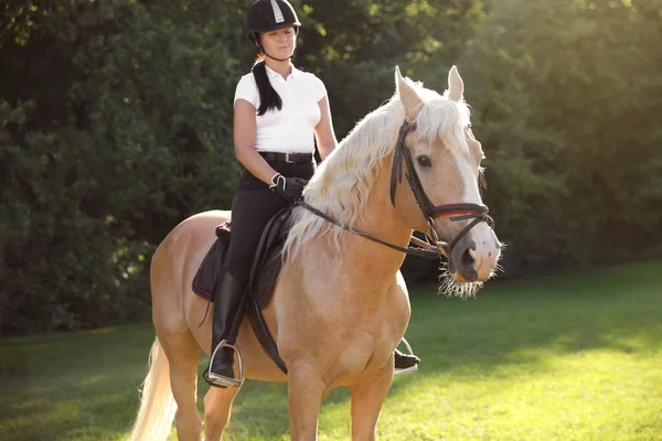 Mujer Joven Traje Ecuestre Caballo Aire Libre Día Soleado Hermosa — Foto de Stock