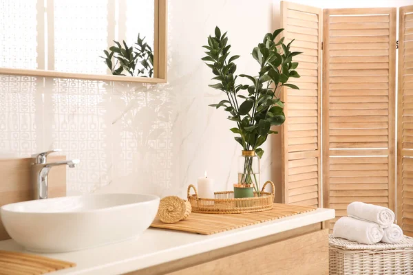 Vase Beautiful Branches Fresh Towels Vessel Sink Bathroom Interior Design — Stock Photo, Image