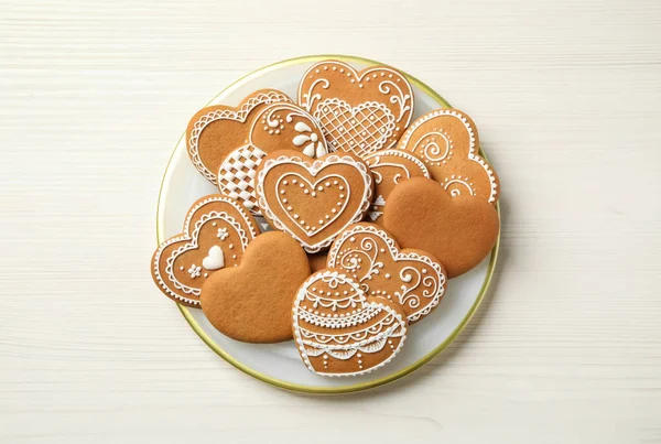Tasty Heart Shaped Gingerbread Cookies White Wooden Table Top View — Stock Photo, Image