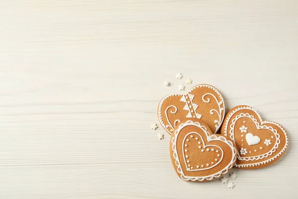 Tasty Heart Shaped Gingerbread Cookies White Wooden Table Flat Lay — Stock Photo, Image