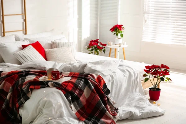 Χριστουγεννιάτικο Υπνοδωμάτιο Εσωτερικό Κόκκινη Μάλλινη Κουβέρτα Και Poinsettias — Φωτογραφία Αρχείου