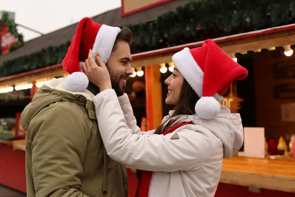 Lovely Couple Spending Time Together Christmas Fair — Stock Photo, Image