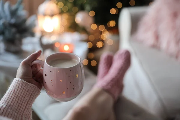 Woman Holding Cup Cocoa Home Closeup Christmas Mood — Stock Photo, Image